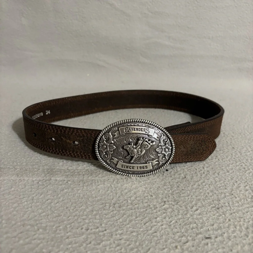 Cavenders Boys Brown Leather Western Belt with Decorative Silver Buckle size 24